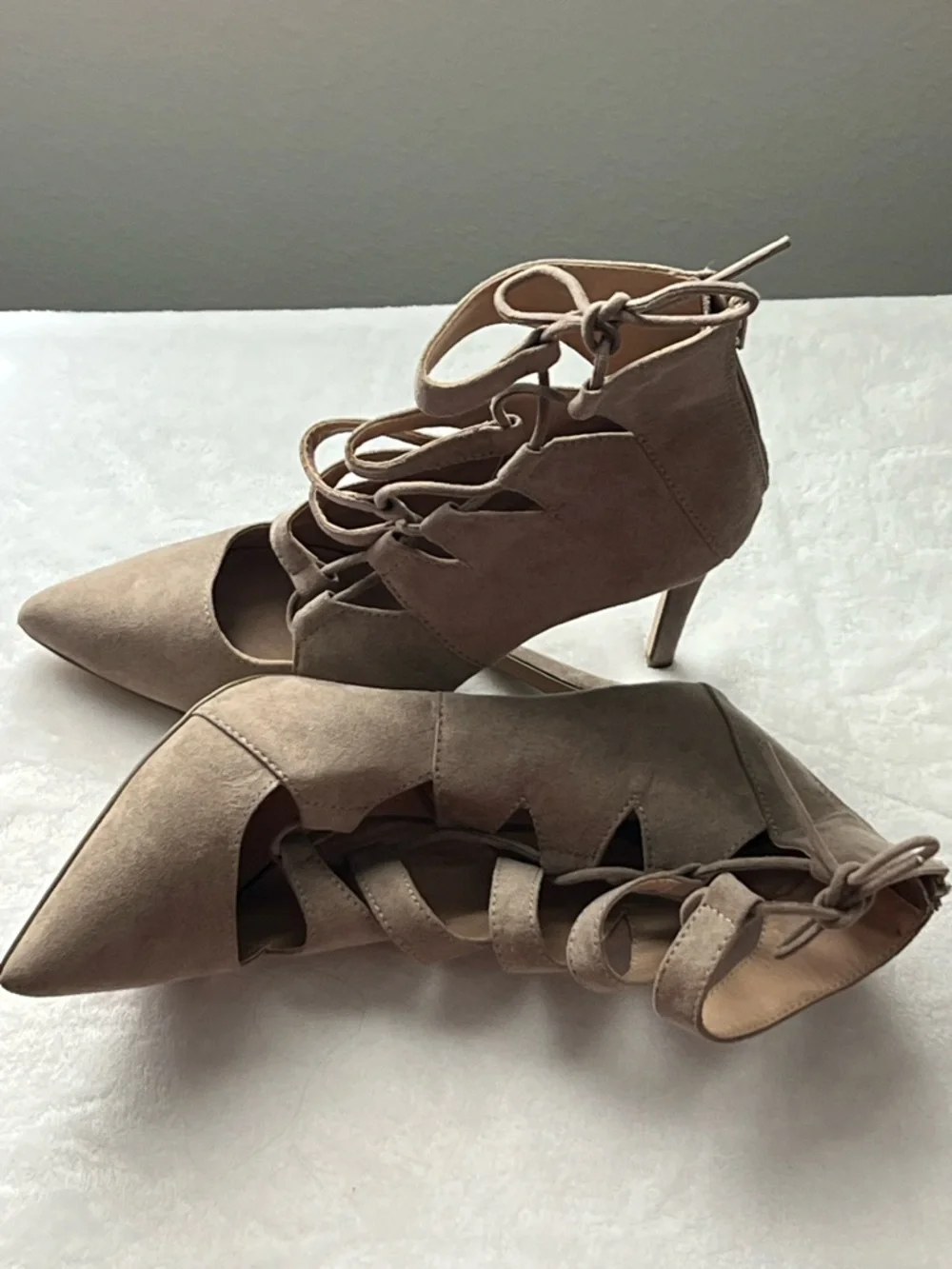 Mix No. 6 Taupe Suede Lace-Up Pointed Toe Stilettos, Size 8 - Picture 14 of 14